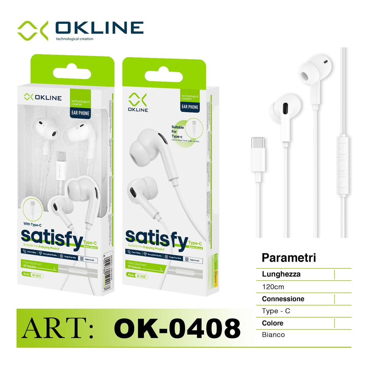 ART.OK-0408 OKLINE SATISFY STEREO AURICOLARE A FILO TYPE-C BIANCO - koseakasa