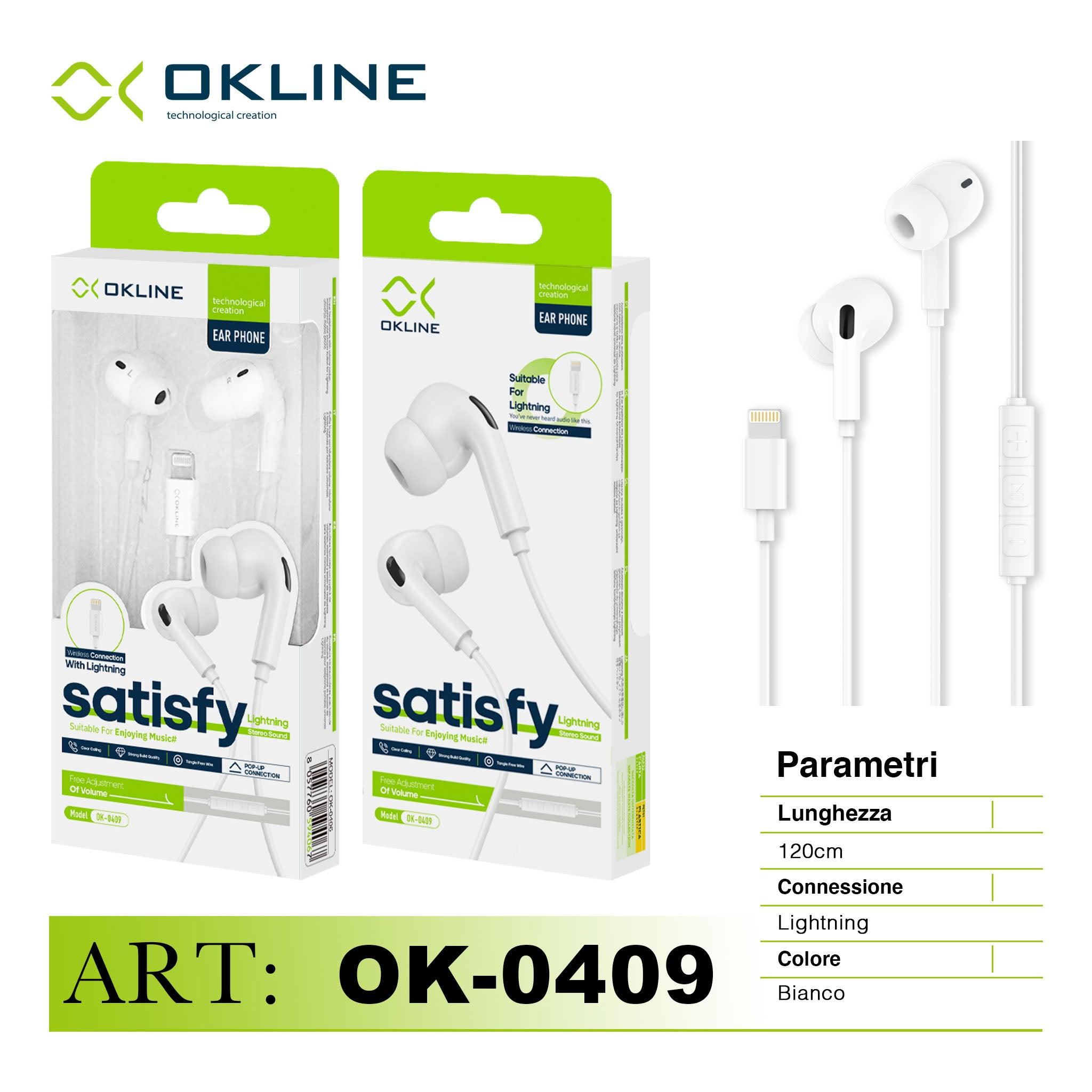 ART.OK-0409 OKLINE SATISFY STEREO AURICOLARE A FILO IPHONE LIGHTNING BIANCO - koseakasa