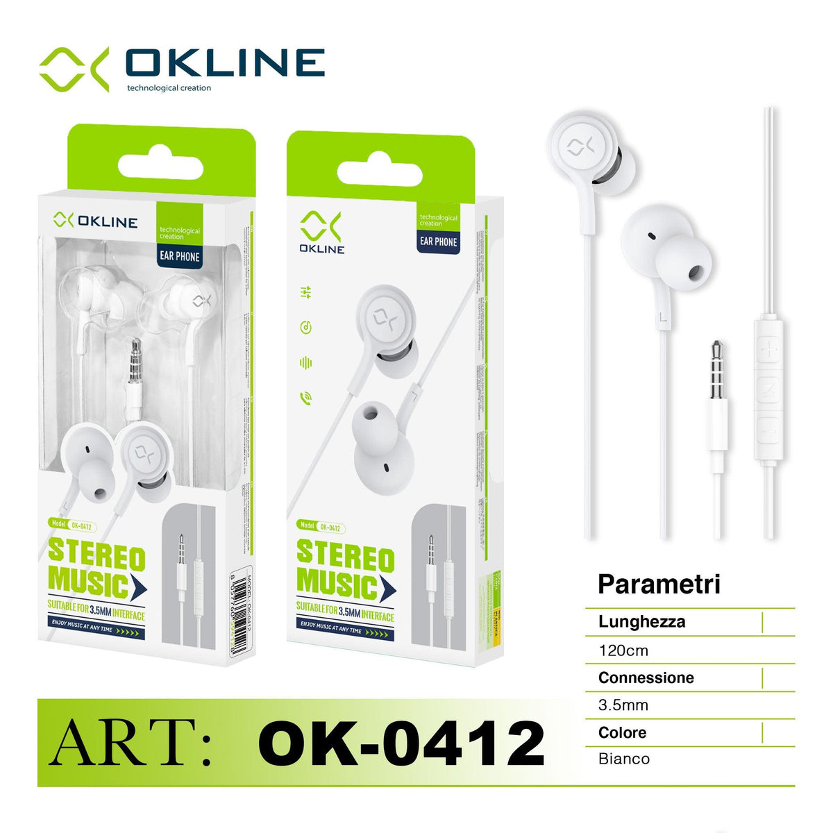 ART.OK-0412 OKLINE STEREO MUSIC AURICOLARE A FILO 3.5MM BIANCO - koseakasa