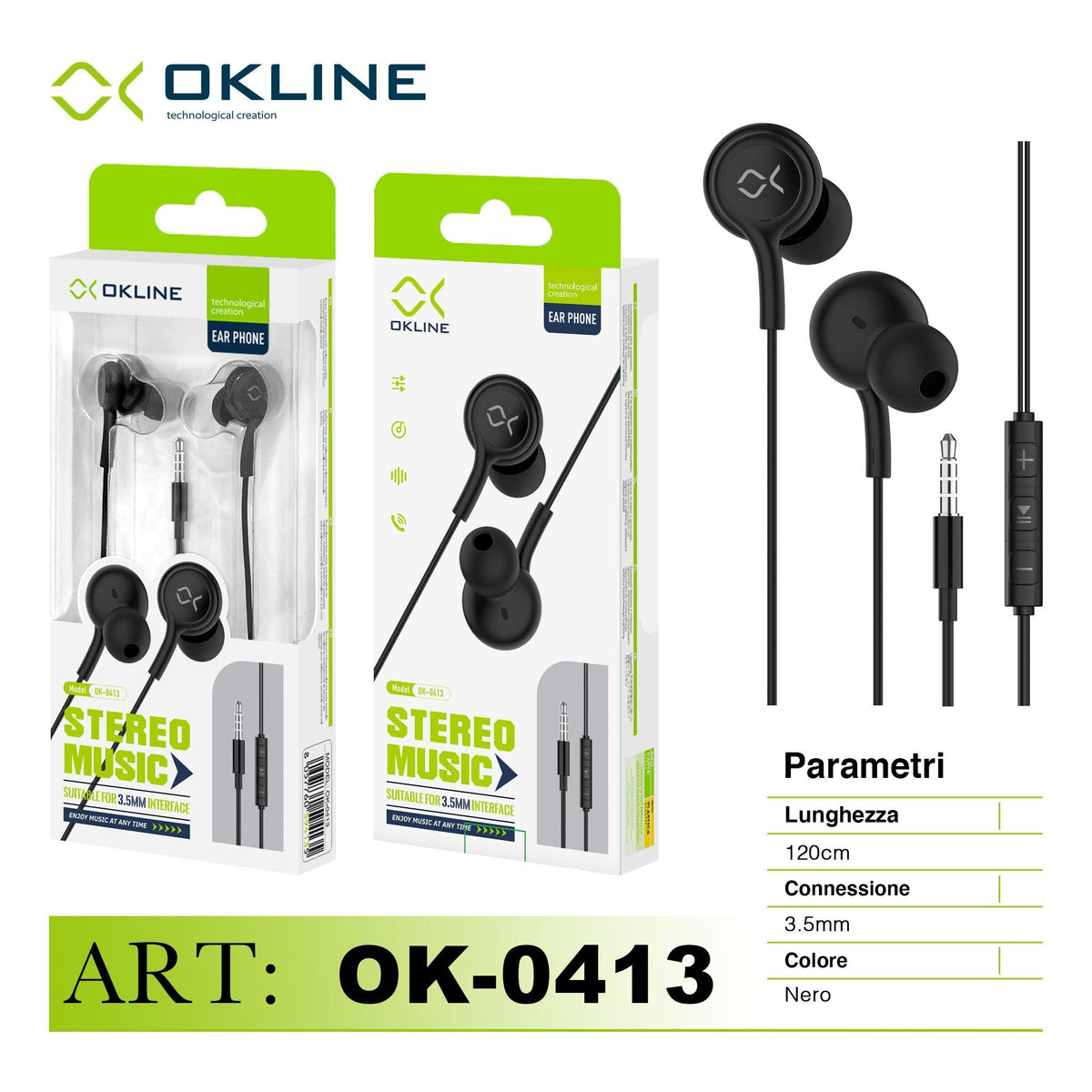 ART.OK-0413 OKLINE STEREO MUSIC AURICOLARE A FILO 3.5MM NERO - koseakasa