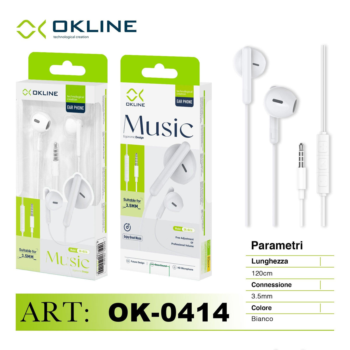 ART.OK-0414 OKLINE MUSIC AURICOLARE A FILO 3.5MM BIANCO - koseakasa
