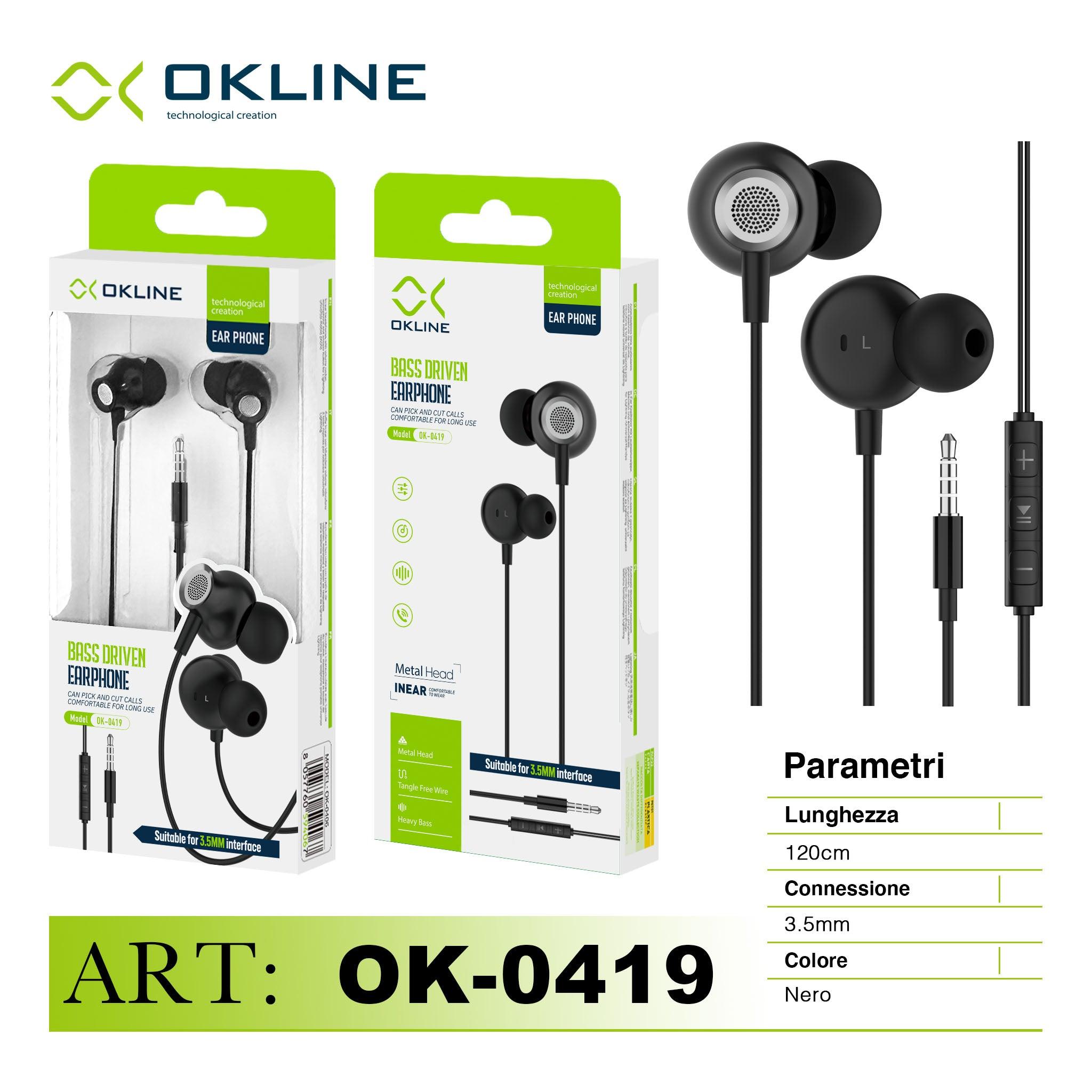 ART.OK-0419 OKLINE BASS DRIVEN AURICOLARE A FILO 3.5MM NERO - koseakasa