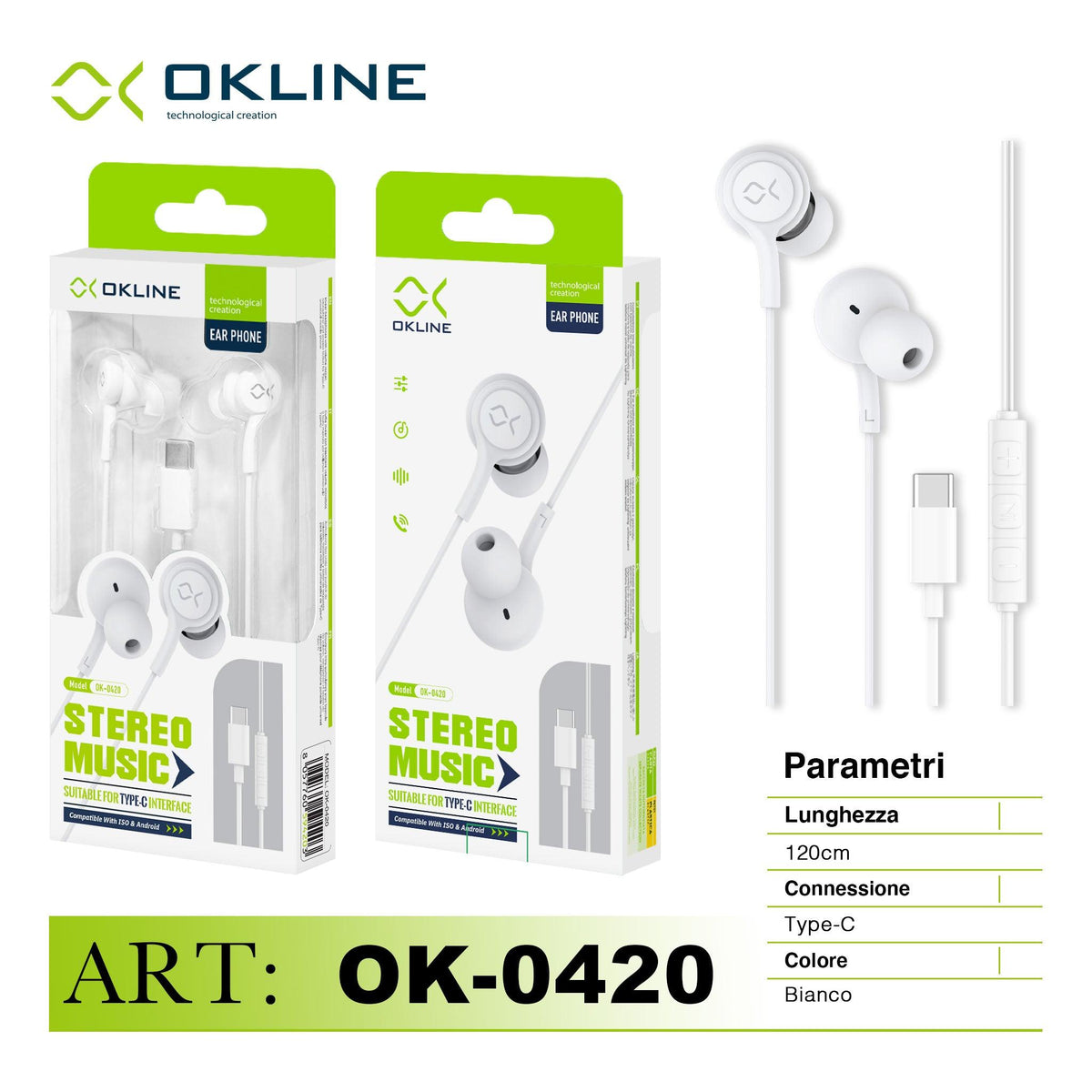 ART.OK-0420 OKLINE STEREO MUSIC AURICOLARE A FILO TYPE-C BIANCO - koseakasa