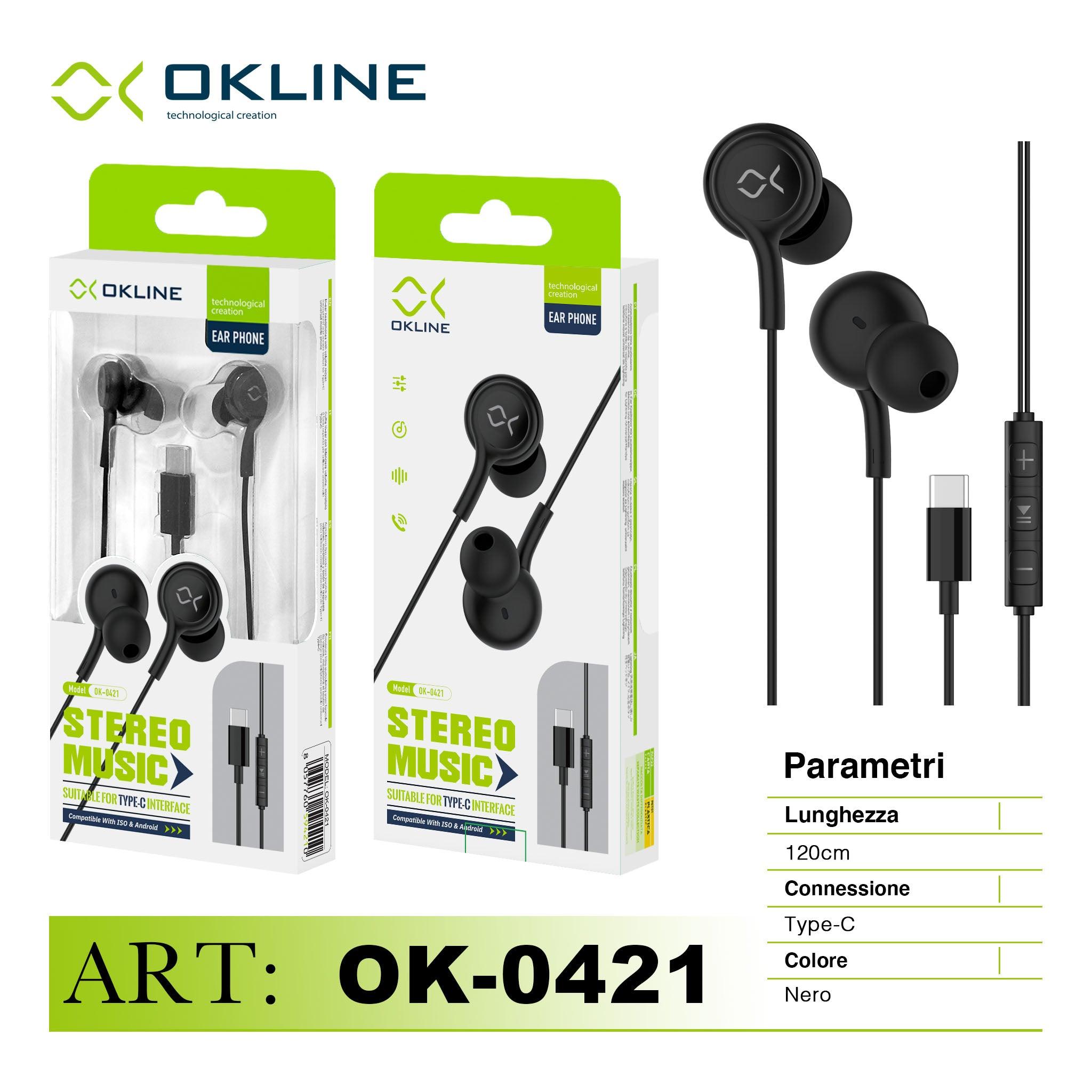 ART.OK-0421 OKLINE STEREO MUSIC AURICOLARE A FILO TYPE-C NERO - koseakasa