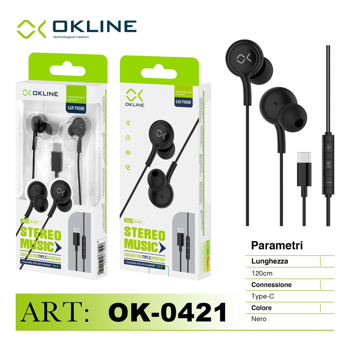 ART.OK-0421 OKLINE STEREO MUSIC AURICOLARE A FILO TYPE-C NERO - koseakasa