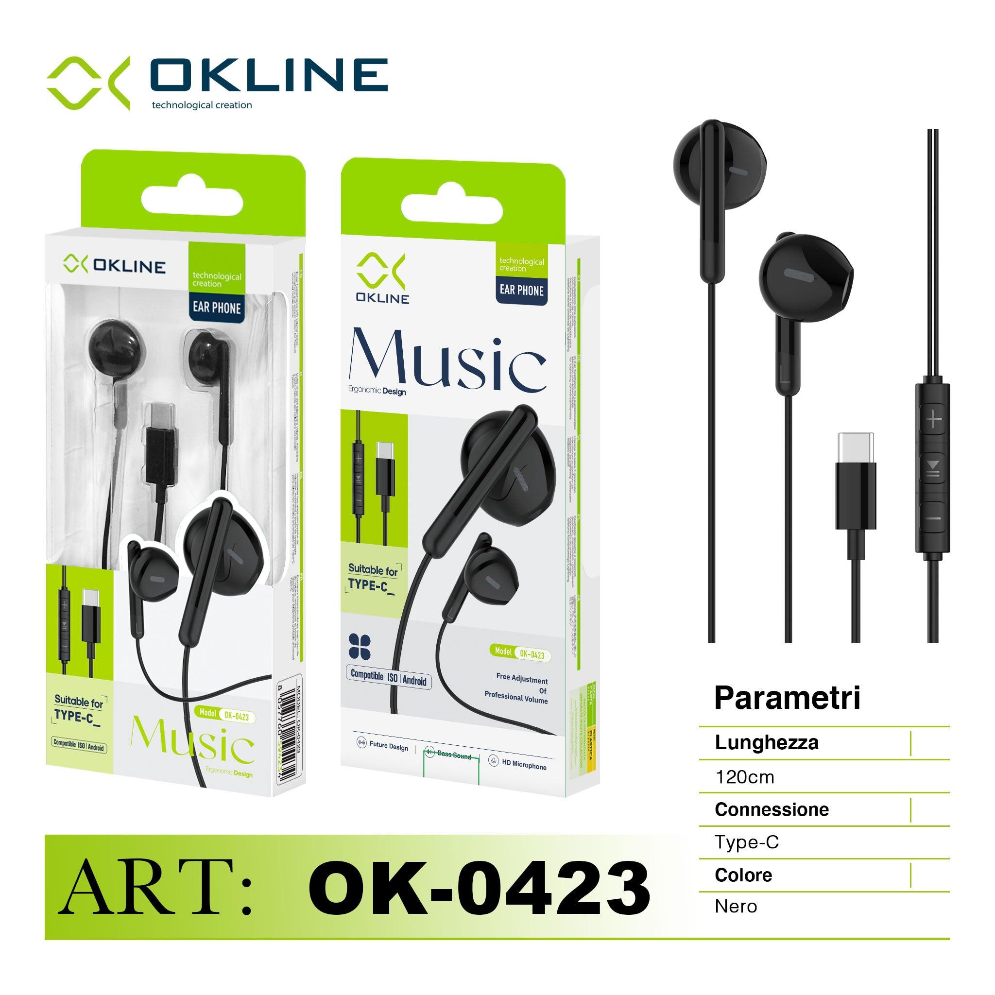 ART.OK-0423 OKLINE MUSIC AURICOLARE A FILO TYPE-C NERO - koseakasa