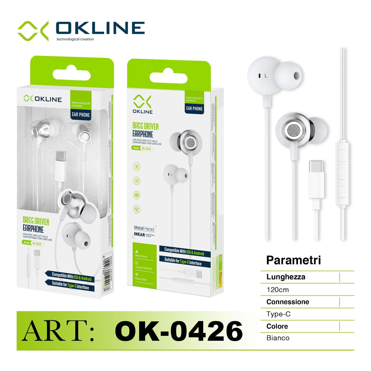 ART.OK-0426 OKLINE BASS DRIVEN AURICOLARE A FILO TYPE-C BIANCO-GRIGIO - koseakasa