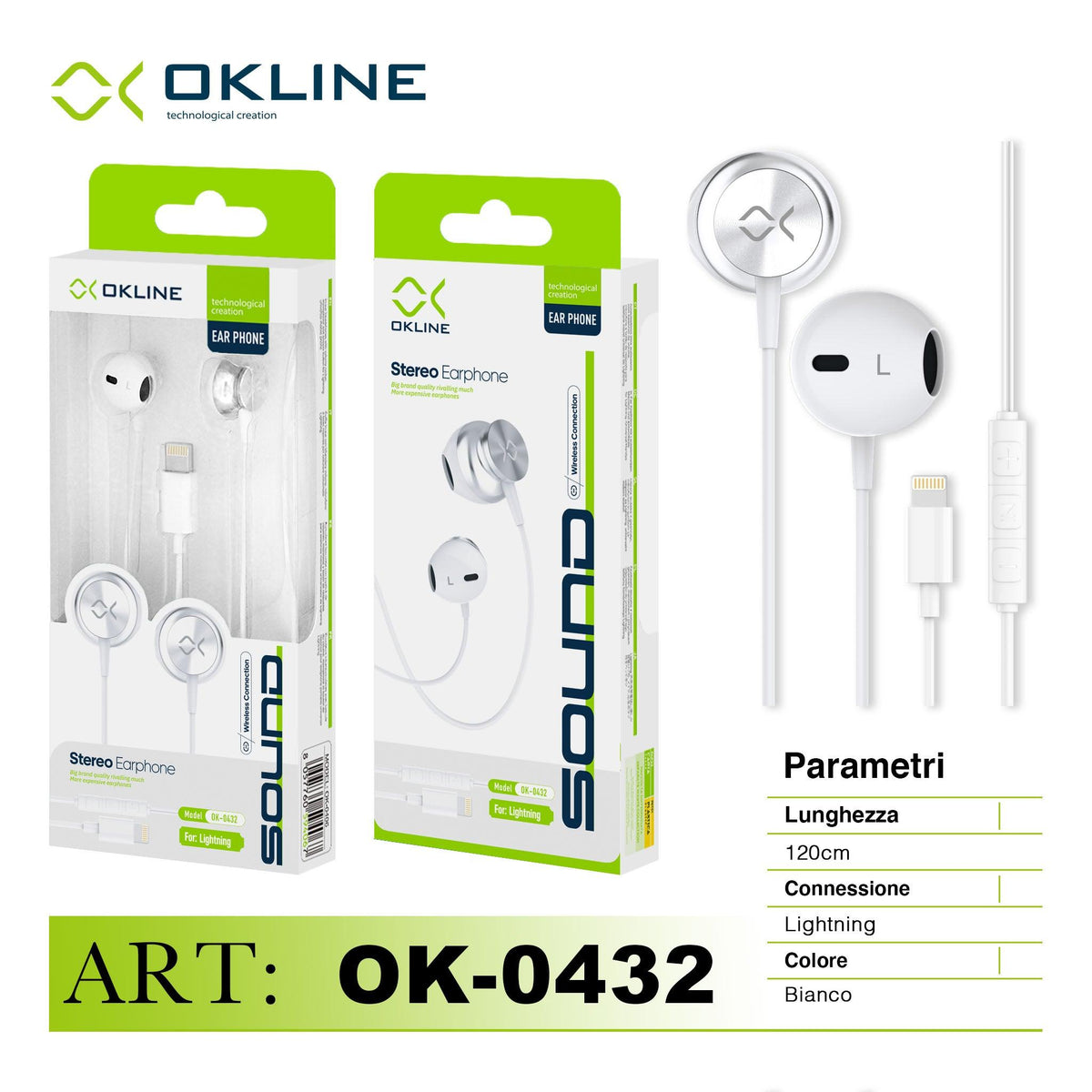 ART.OK-0432 OKLINE STEREO AURICOLARE A FILO IPHONE LIGHTNING BIANCO-GRIGIO - koseakasa