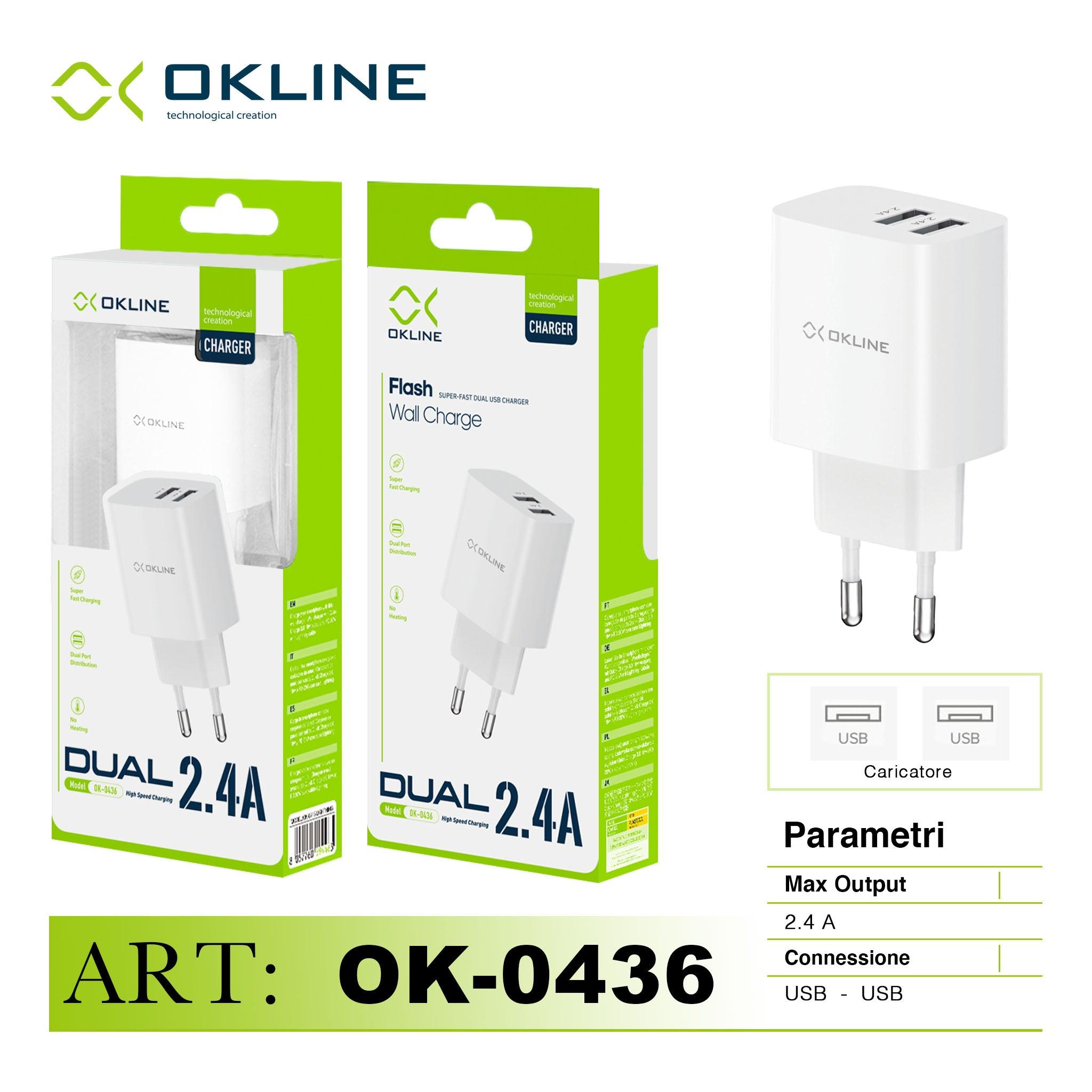 ART.OK-0436N OKLINE Flash Caricatore da muro doppia USB 2.4A Bianco - koseakasa