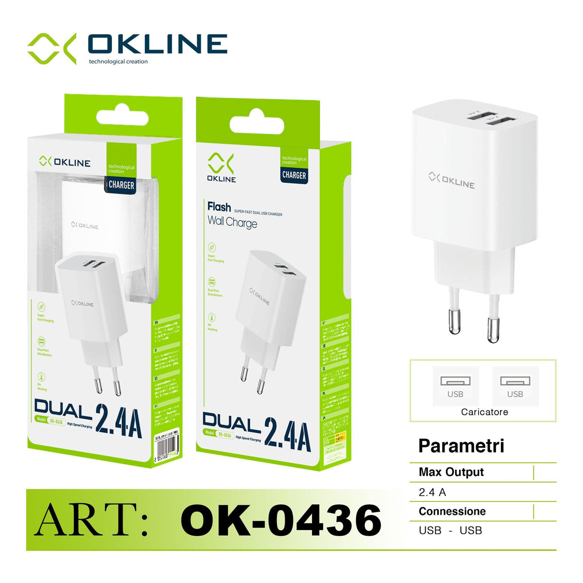 ART.OK-0436N OKLINE Flash Caricatore da muro doppia USB 2.4A Bianco - koseakasa