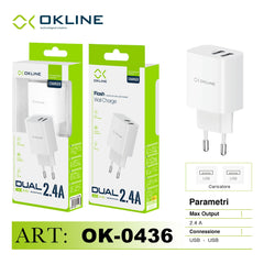 ART.OK-0436N OKLINE Flash Caricatore da muro doppia USB 2.4A Bianco - koseakasa
