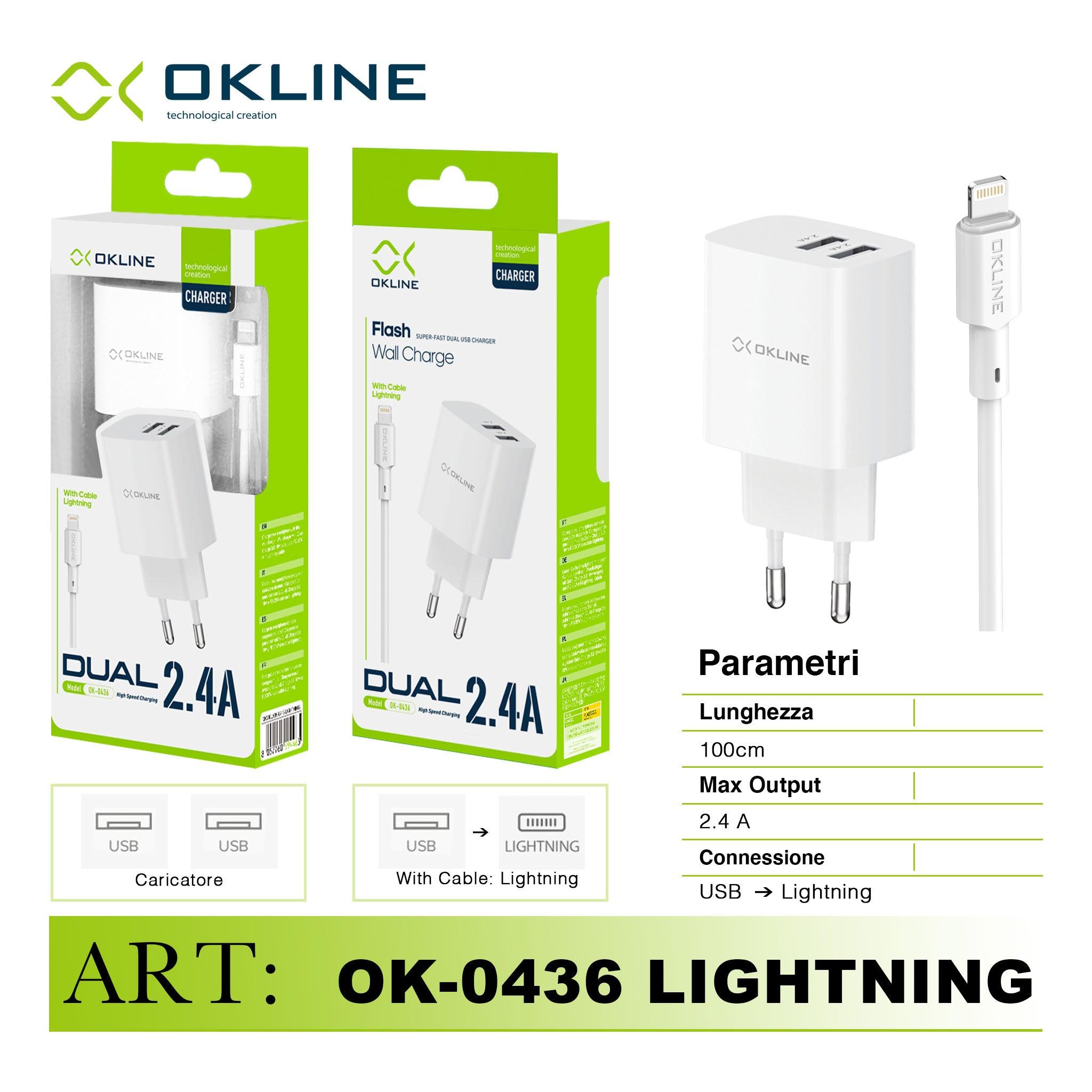 ART.OK-0436IP OKLINE Flash Caricatore da muro doppia USB 2.4A Con Iphone Lightning USB Cavo Bianco - koseakasa