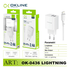 ART.OK-0436IP OKLINE Flash Caricatore da muro doppia USB 2.4A Con Iphone Lightning USB Cavo Bianco - koseakasa