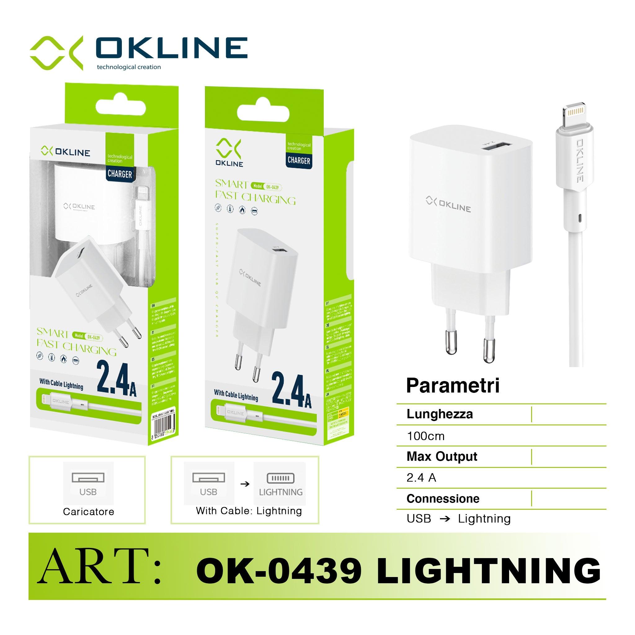 ART.OK-0439IP OKLINE Smart Fast Caricatore da muro USB 2.4A Con Iphone Lightning USB Cavo Bianco - koseakasa