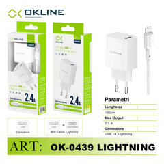 ART.OK-0439IP OKLINE Smart Fast Caricatore da muro USB 2.4A Con Iphone Lightning USB Cavo Bianco - koseakasa