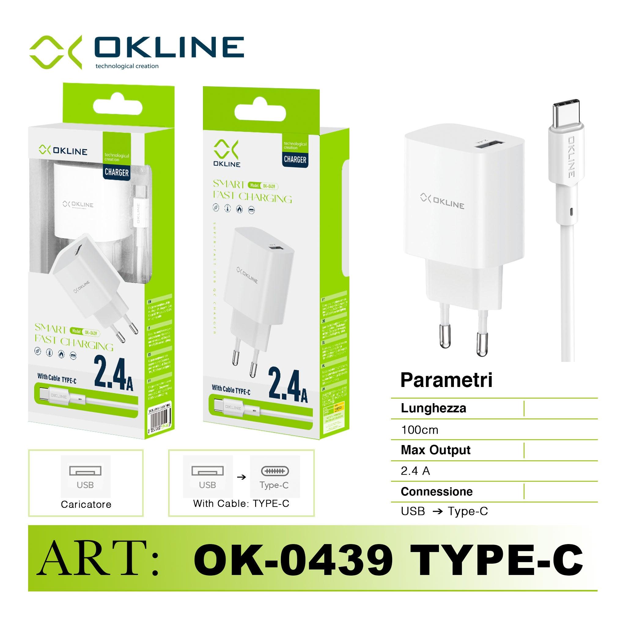 ART.OK-0439TC OKLINE Smart Fast Caricatore da muro USB 2.4A Con Type-C USB Cavo Bianco - koseakasa