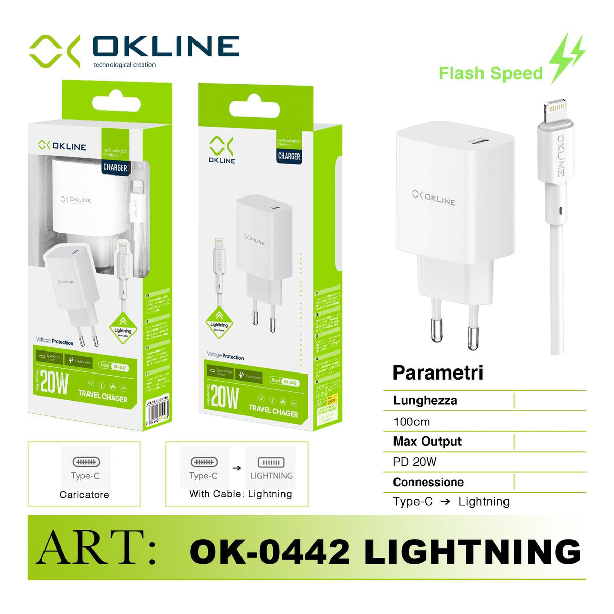 ART.OK-0442IP OKLINE Caricatore da muro PD20W Pro Con Type-C Iphone Lightning Cavo Bianco - koseakasa