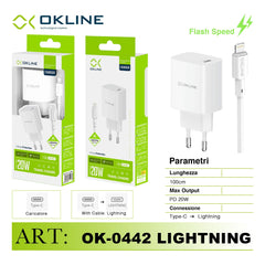 ART.OK-0442IP OKLINE Caricatore da muro PD20W Pro Con Type-C Iphone Lightning Cavo Bianco - koseakasa