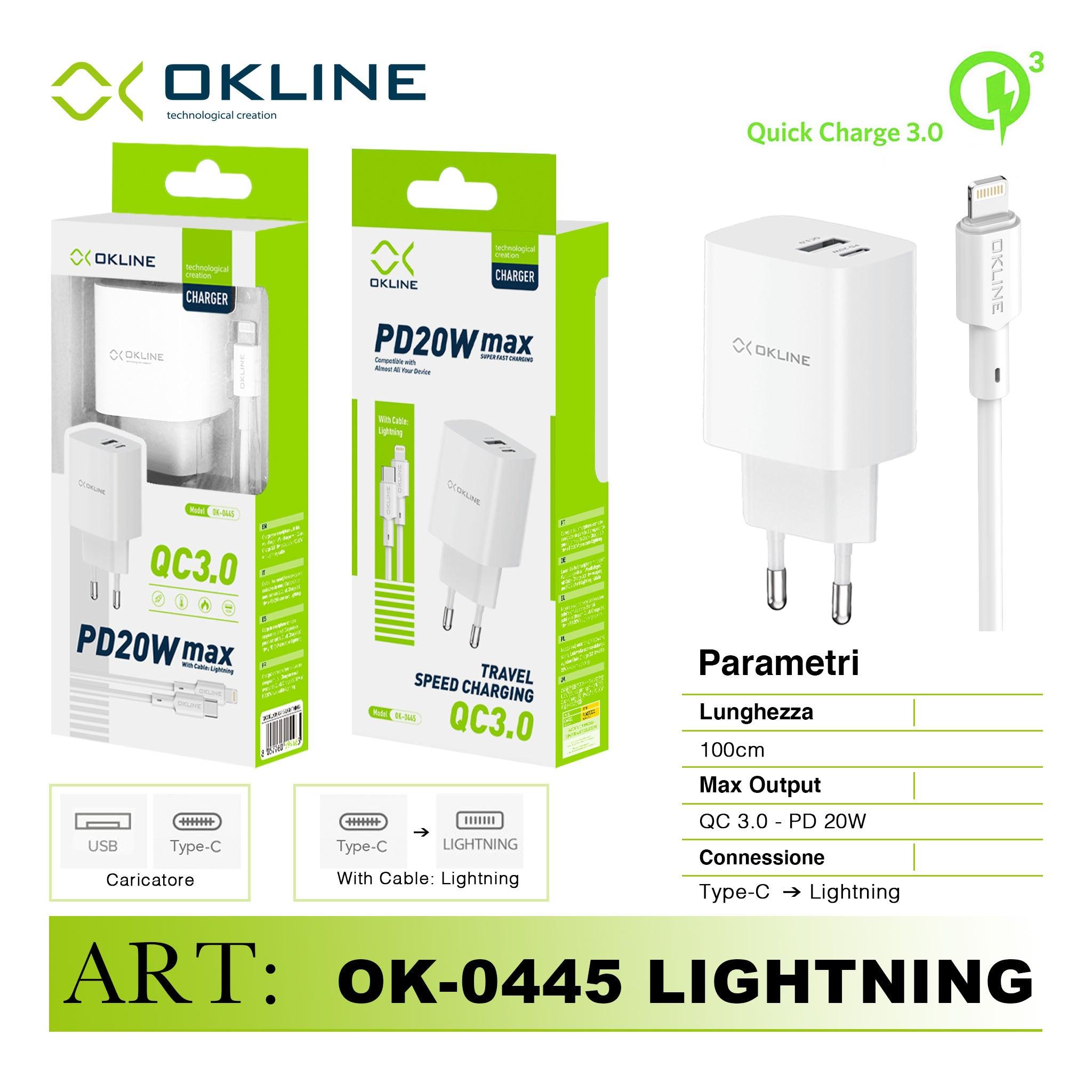 ART.OK-0445IP OKLINE Caricatore da muro QC3.0 18W e PD20WMax Con Type-C Iphone Lightning Cavo Bianco - koseakasa