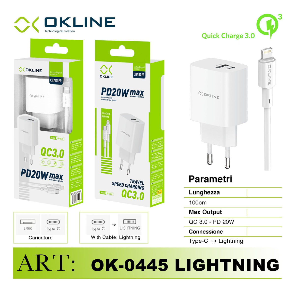 ART.OK-0445IP OKLINE Caricatore da muro QC3.0 18W e PD20WMax Con Type-C Iphone Lightning Cavo Bianco - koseakasa