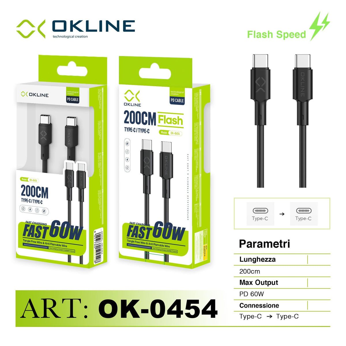 ART.OK-0454 OKLINE Type-C Type-C Cavo 60W200cm Nero - koseakasa