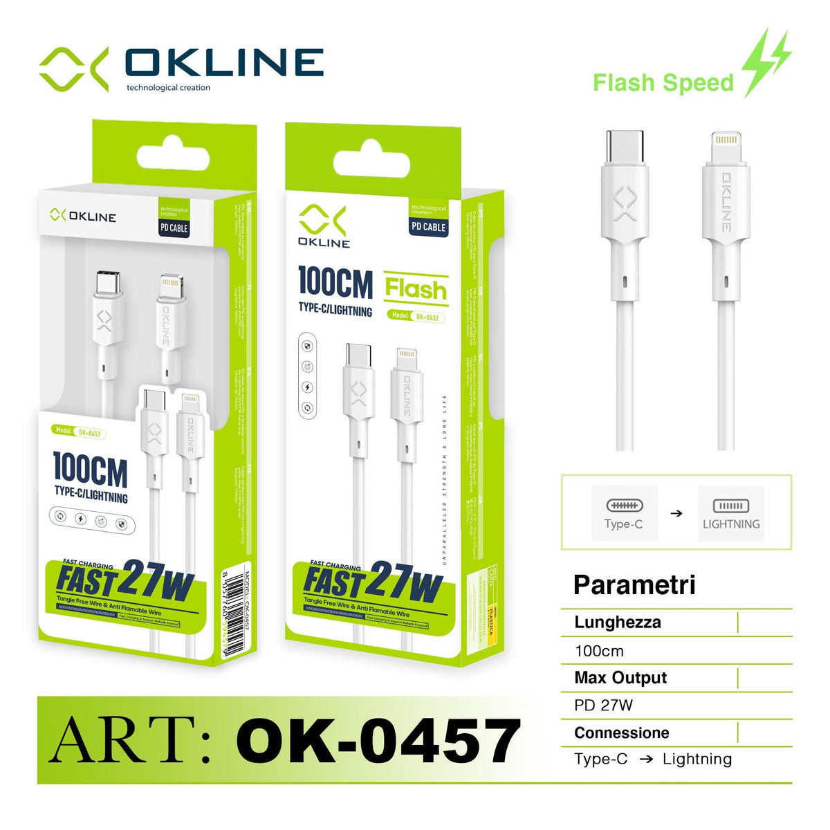 ART.OK-0457 OKLINE Type-C Iphone Lightning Cavo 27W100cm Bianco - koseakasa
