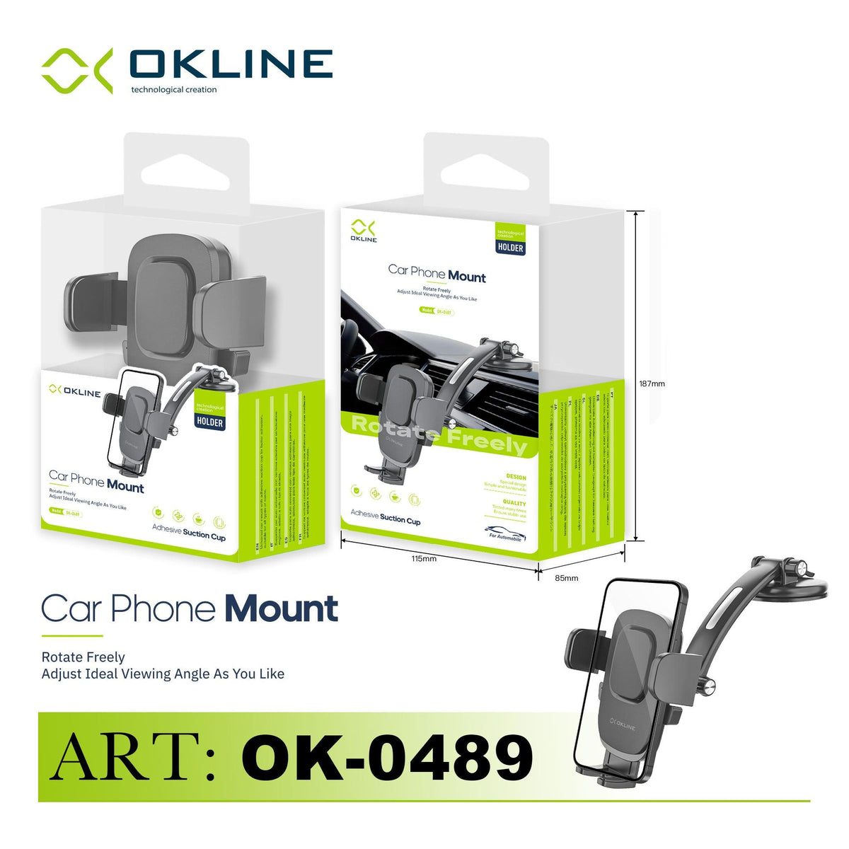 ART.OK-0489 OKLINE ROTATE FREELY SUPPORTO VENTOSA ADESIVA DEL TELEFONO AUTOMOBILE NERO - koseakasa