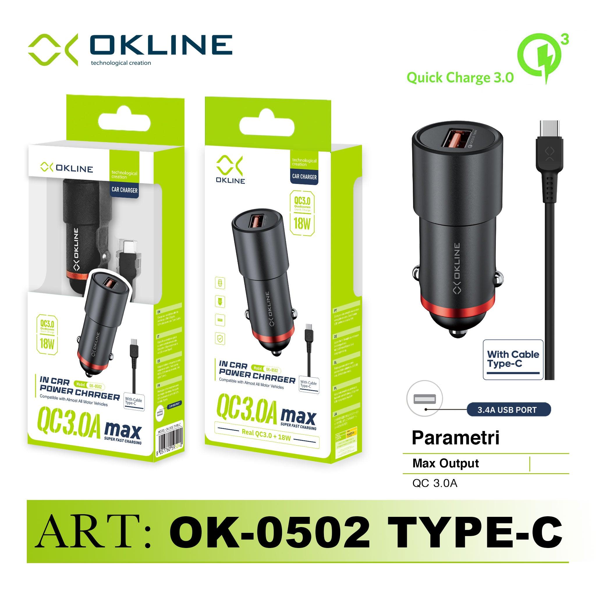 ART.OK-0502TC OKLINE USB Caricatore Auto 3.0A Con Type-C USB CAVO NERO - koseakasa