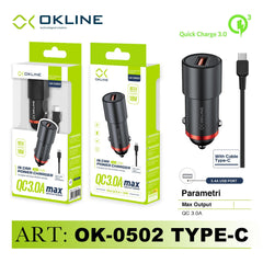ART.OK-0502TC OKLINE USB Caricatore Auto 3.0A Con Type-C USB CAVO NERO - koseakasa