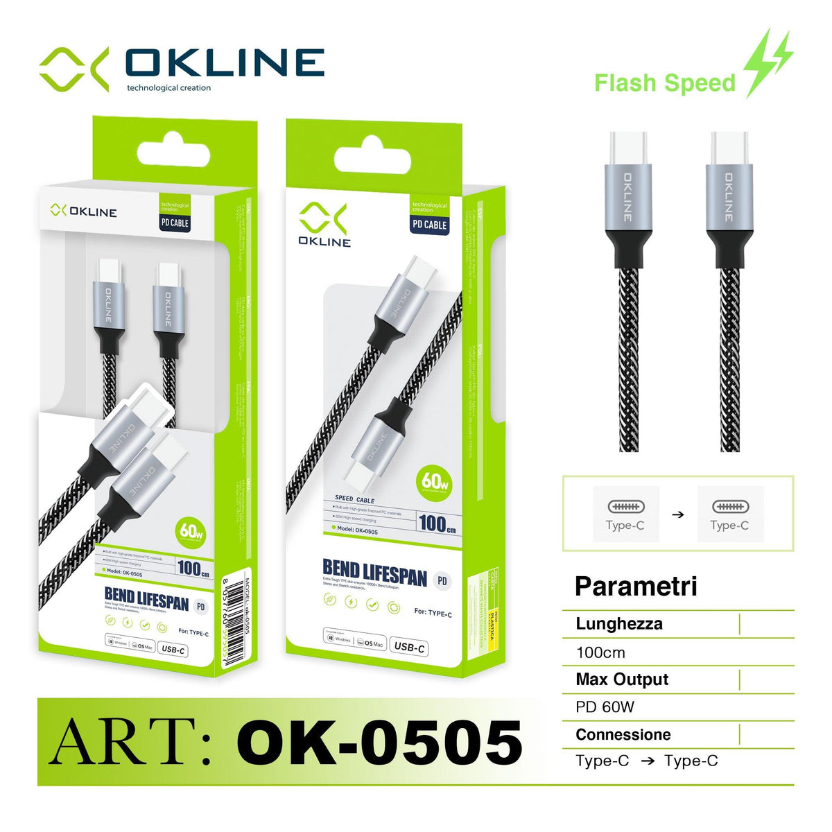 ART.OK-0505 OKLINE Type-C Type-C Cavo intrecciato Bend Lifespan PD 60W 100cm Argento - koseakasa