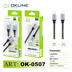 ART.OK-0507 OKLINE Type-C Iphone Lightning Cavo intrecciato Bend Lifespan  PD 20W 100cm Argento - koseakasa