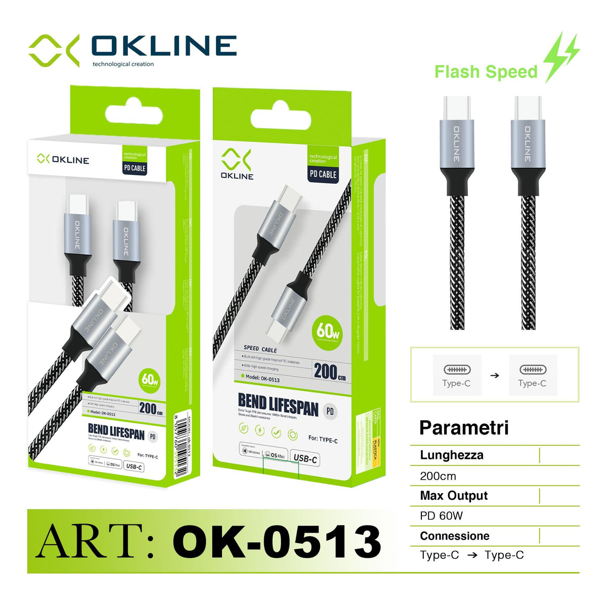 ART.OK-0513 OKLINE Type-C Type-C Cavo intrecciato Bend Lifespan PD 60W 200cm Argento - koseakasa