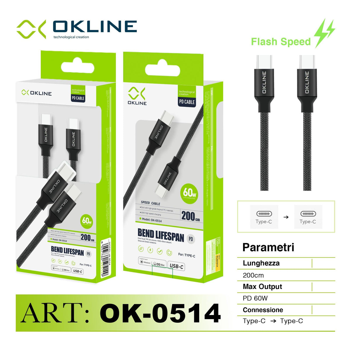 ART.OK-0514 OKLINE Type-C Type-C Cavo intrecciato Bend Lifespan PD 60W 200cm Nero - koseakasa