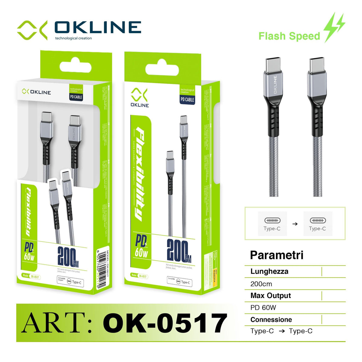 ART.OK-0517 OKLINE Type-C Type-C Cavo intrecciato PD 60W 200cm Argento - koseakasa