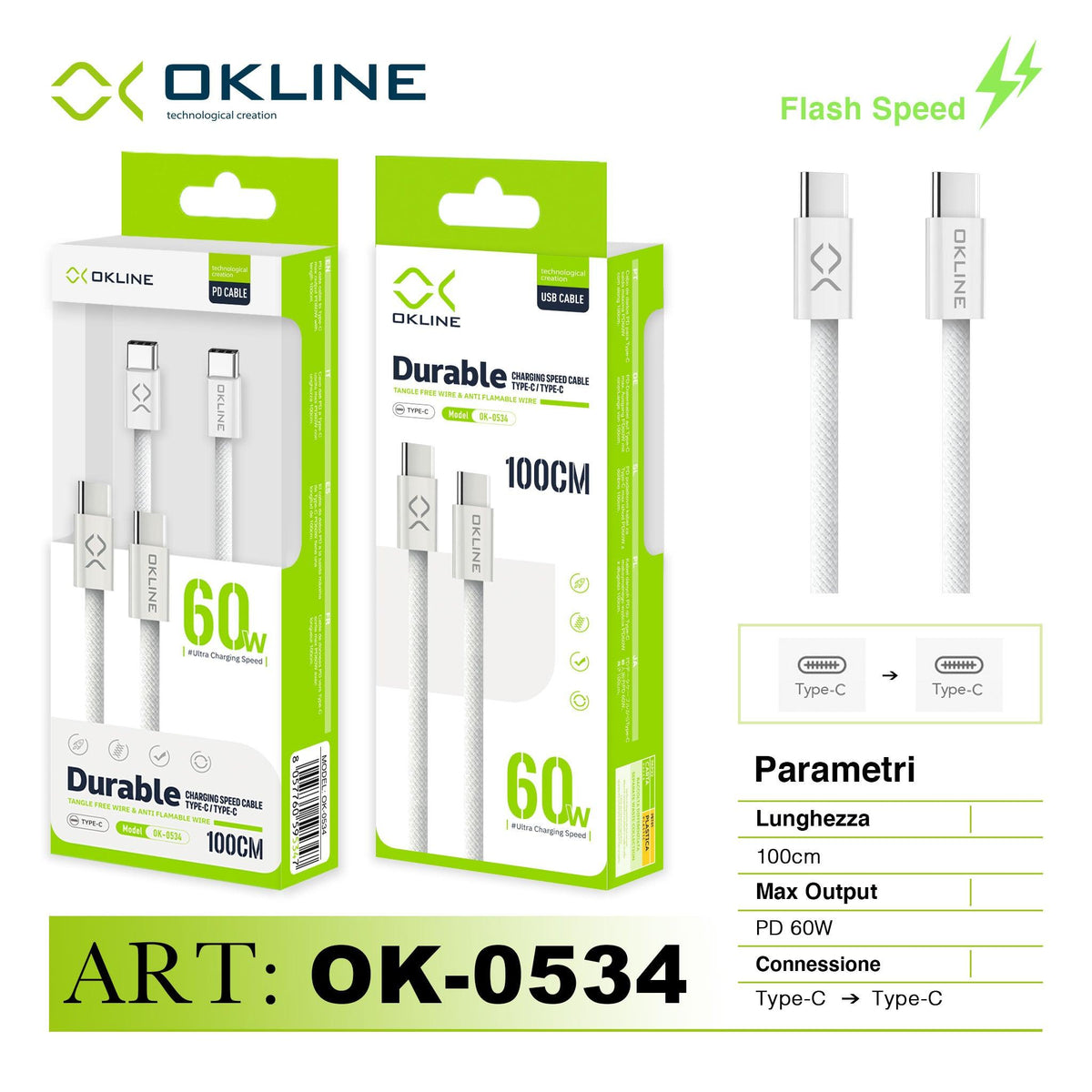 ART.OK-0534 OKLINE Type-C Type-C Cavo 60W100cm Bianco - koseakasa