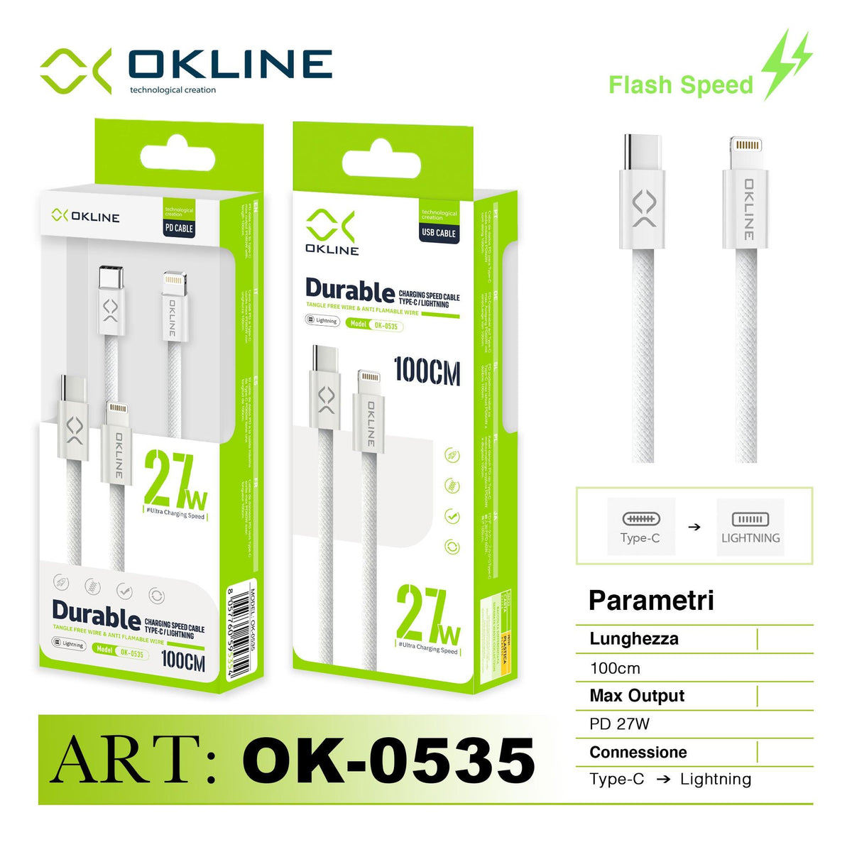 ART.OK-0535 OKLINE Type-C Lightning Cavo 27W200cm Bianco - koseakasa