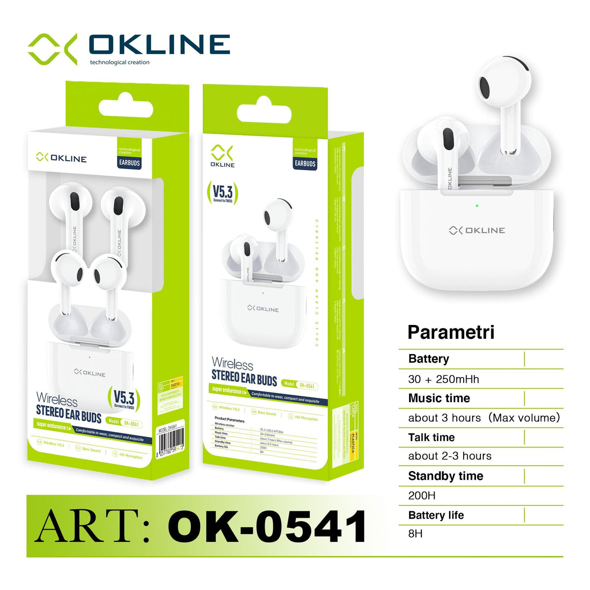 ART.OK-0541 OKLINE EARBUDS CUFFIE STEREO WIRELESS BIANCO - koseakasa