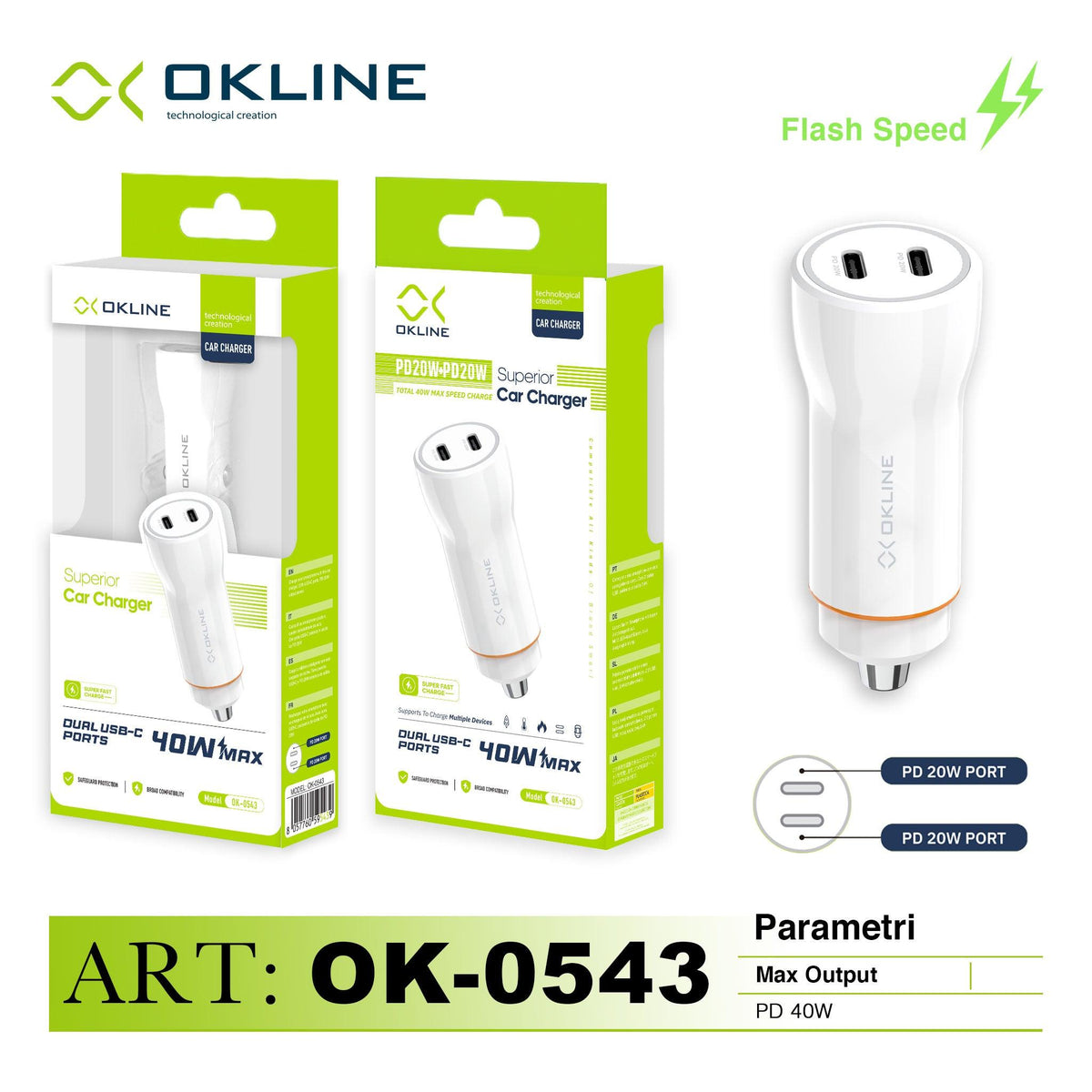 ART.OK-0543 OKLINE 2TYPE-C PD20W Caricatore Auto Bianco - koseakasa