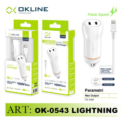 ART.OK-0543IP OKLINE 2TYPE-C PD20W Caricatore Auto Con Iphone Lighting Cavo Bianco - koseakasa