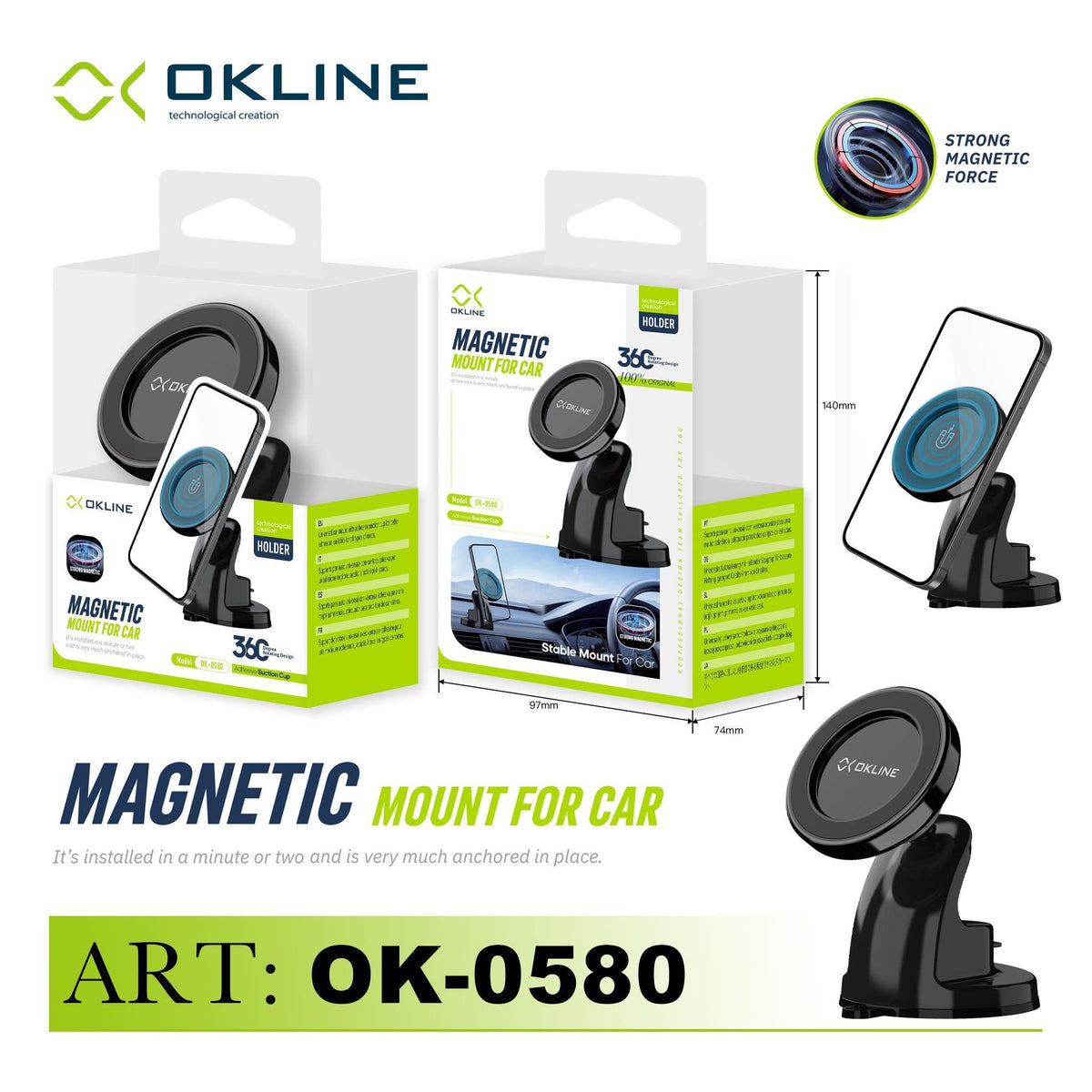 ART.OK-0580 OKLINE GIREVOLE 360 MAGNETICO SUPPORTO VENTOSA DEL TELEFONO AUTOMOBILE NERO - koseakasa