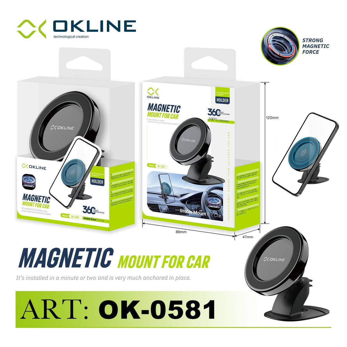 ART.OK-0581 OKLINE GIREVOLE 360 MINI MAGNETICO SUPPORTO DEL TELEFONO AUTOMOBILE NERO - koseakasa