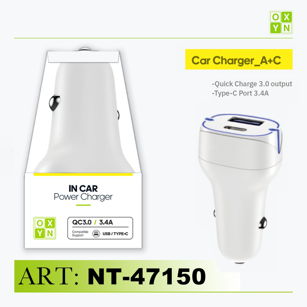 ART.NT-47150 OXYN PD20W e QC3.0 Caricatore Auto Bianco - koseakasa