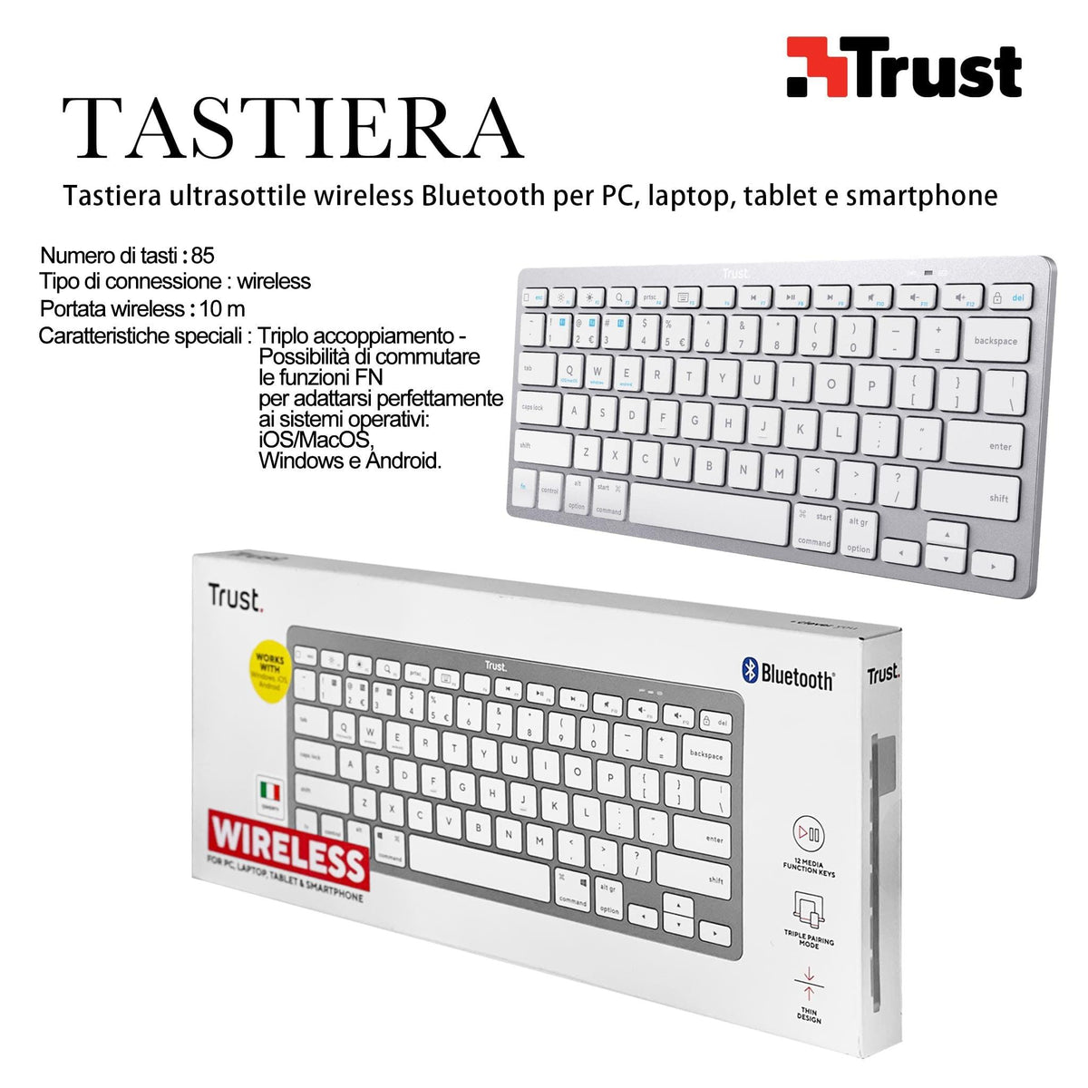 TASTIERA WIRELESS ULTRA SOTTILE SILVER TRUST ART.24652 BL1 - koseakasa